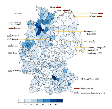 Age-standardised incidence rates of malignant mesotheliomas in men by district, ICD-10 C45, Germany 2010–2014, per 100,000 (old European standard population). Source: © German Centre for Cancer Registry Data at the Robert Koch Institute
