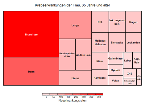 Altersspezifische Erkrankungsraten (je 100.000, rohe Rate), Frauen, Deutschland 2014 (ohne nicht-melanotischen Hautkrebs)