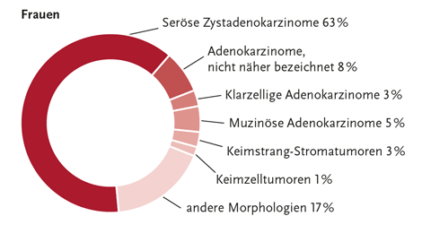 Grafik zur Verteilung der bösartigen Neubildungen der Eierstöcke nach histologischem Typ, ICD-10 C56, Deutschland 2019–2020. Quelle: © Zentrum für Krebsregisterdaten im Robert Koch-Institut